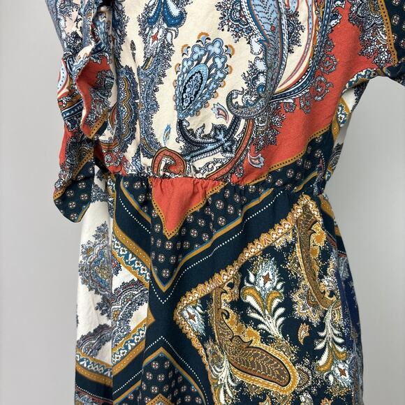 H&M Multicolor Handkerchief Scarf Paisley Tie V-Neck Short Sleeve Mini Dress 2 - Picture 6 of 8